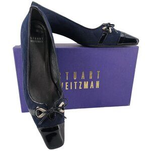 Stuart Weitzman 8.5AAAA Navy Crepe Fabric Black Leather Dress Bow Heels Womens